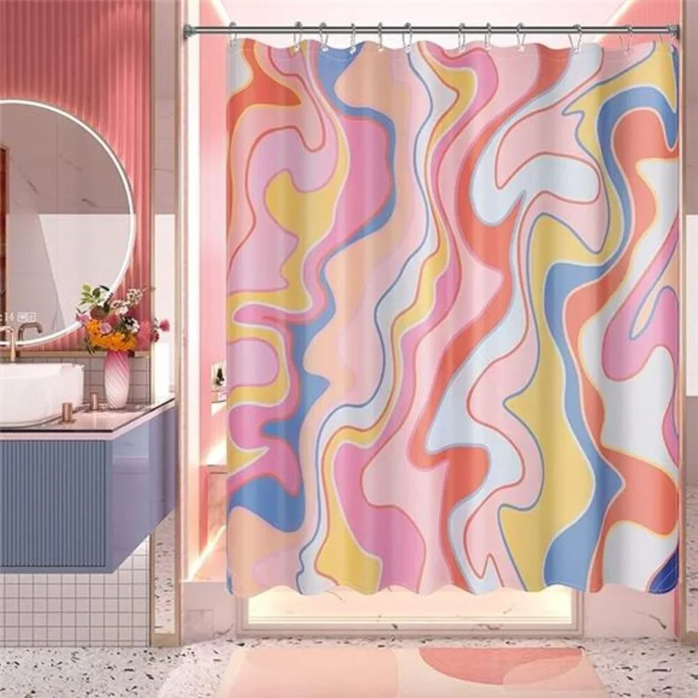Shower Curtain, Abstract Pink Cloth Shower Curtain Sets with 12 Shower Curtain